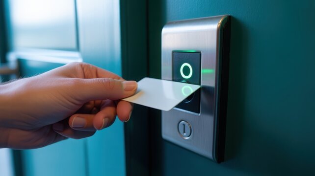 Hand using electronic key card on security reader for door access