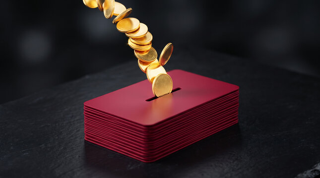 Golden coins cascade into a red donation box, symbolizing financial contribution, savings, and charity, representing economic growth and wealth.