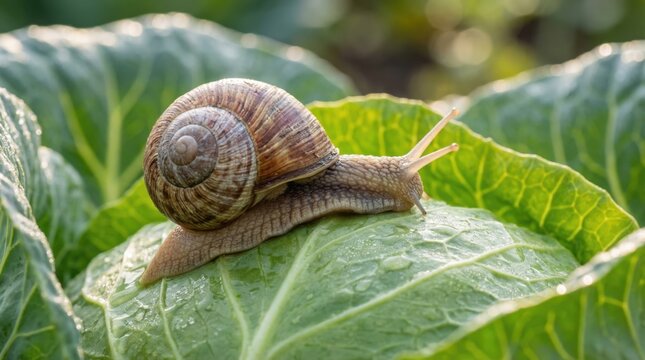 Close-up view of a snail resting on a vibrant green leaf