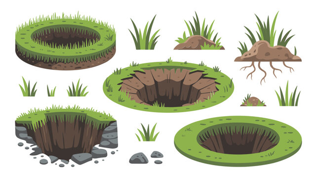 Ground Hole and Pit Vector Element Set with Grass Clumps Dirt Patches Roots and Stones for Game Design UI Environments and Landscape Illustrations.s