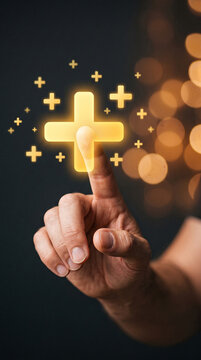 Finger touching a glowing plus symbol with bokeh lights, symbolizing addition, growth, and positive interaction