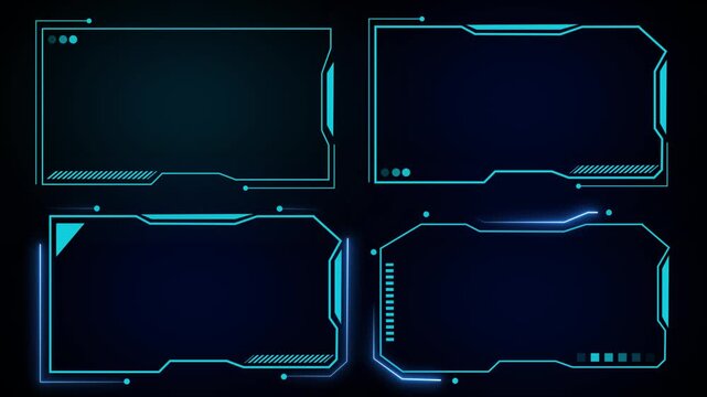 Collage of four cyan futuristic HUD frames presents dynamic tech graphics. Glowing grid background highlights each HUD frame. Cyber borders frame the HUD frames.