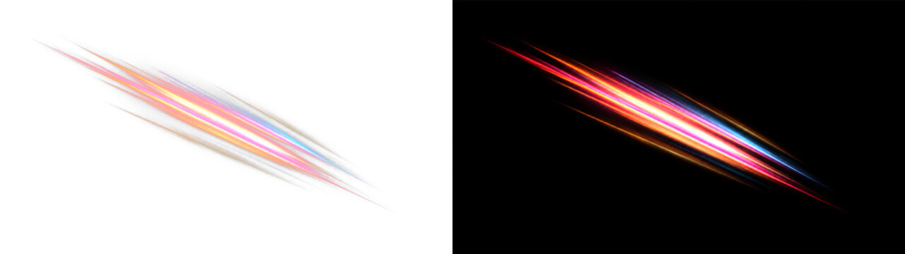 Rainbow glowing anamorphic flare PNG overlay with radiant diagonal optical streak, on transparent background