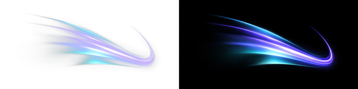 Purple blue glowing light leak PNG overlay with elegant flowing wave trail, on transparent background