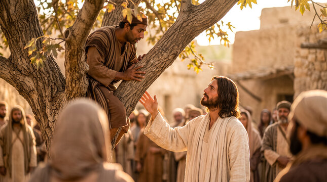 Zacchaeus on tree branch looking at Jesus.