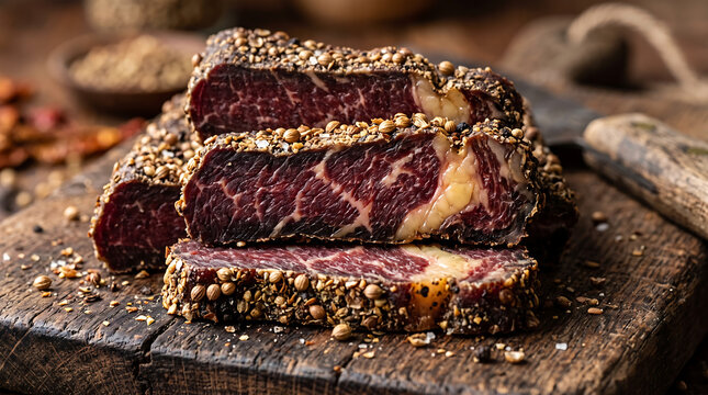 Traditional South African Beef Biltong Slices Crusty with Coriander Seeds Close-Up