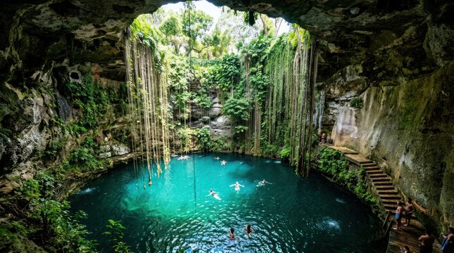 Stunning Cenote Ik Kil Yucatan Mexico Natural Wonder With Swimmers.