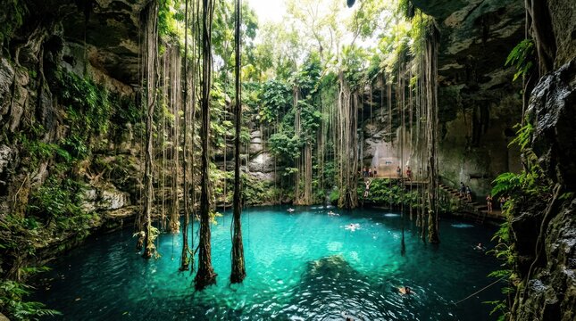Stunning Cenote Ik Kil Yucatan Mexico Natural Wonder Lush Greenery.