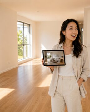 Asian woman showing virtual interior staging on tablet in empty property for real estate sale