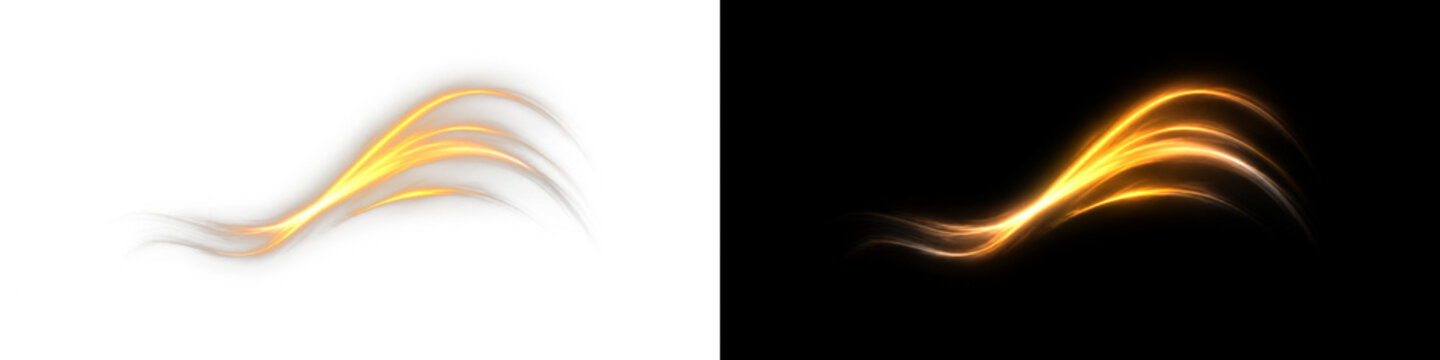 Golden glowing light leak PNG overlay with elegant flowing wave lines, on transparent background