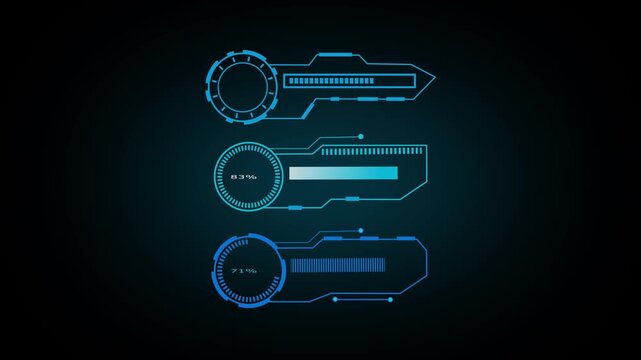 Three futuristic blue HUD elements display active loading progress indicators. High tech user interface frames each HUD element. Cyber graphics drive each HUD element.