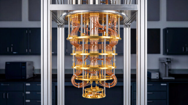Open quantum computing dilution refrigerator hanging with gold thermal stages and woven copper wiring in laboratory. Advanced physics research equipment and quantum processor hardware machine