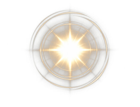 Golden lens flare PNG transparent overlay with radiant optical halo and starburst, on transparent background