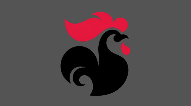 Black Rooster Silhouette. Red Rooster Crest. Farm Animal Emblem. Bold Decorative Vector Illustration