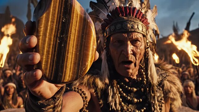 Native American Chief Holds Tiger Eye Stone During Tribal Gathering with Torches