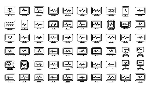 Computer Monitor Icon Set Vector Illustration, Black Duotone Icons Collection with Desktop, Chart and Technology Symbols