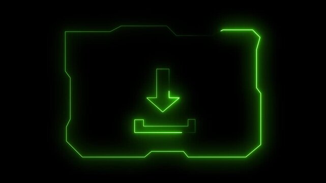 Neon green download folder icon presents a futuristic outline on dark background. Digital file transfer uses this download folder icon. Cyber UI elements highlight the download folder icon.