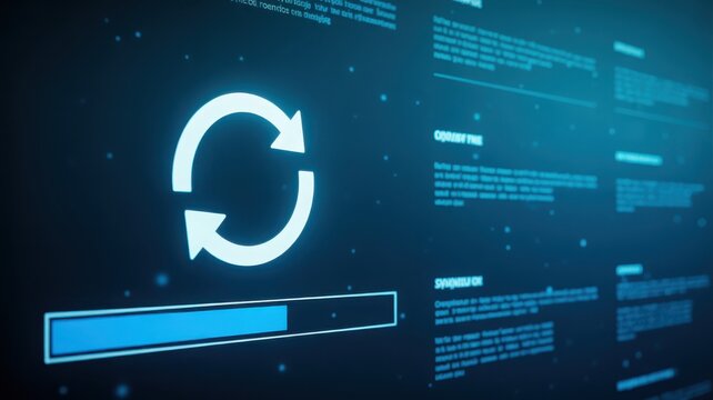 Digital update or synchronization process icon with progress bar on a technological screen