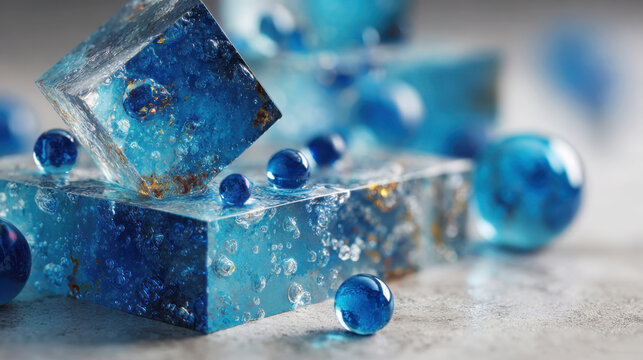 Blue Resin Cubes with Gold Flakes and Glass Marbles Composition Handmade Craft Concept