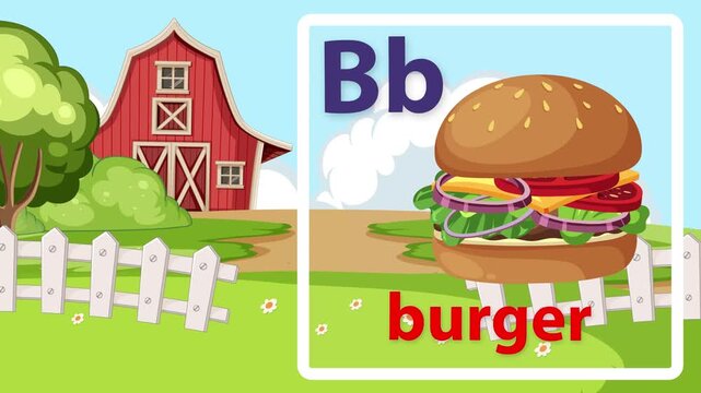 Educational Alphabet Animation Featuring Letter B and Burger on Farm Background