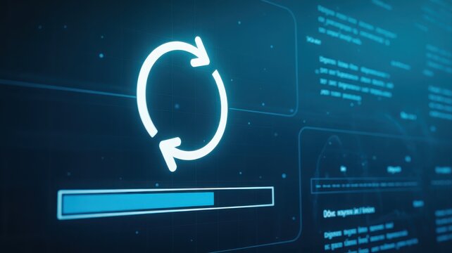Software update and data synchronization concept with a rotating arrow icon and progress bar