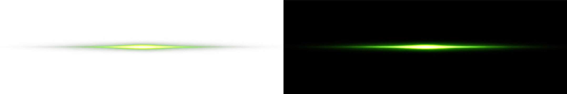 Green anamorphic flare PNG transparent overlay with glowing horizontal light streak, on transparent background