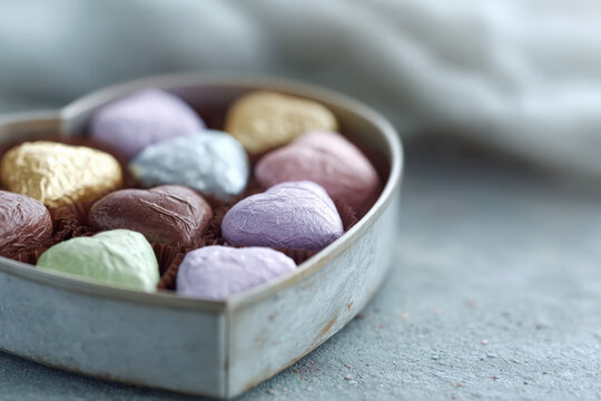 Colorful Foil Wrapped Chocolates in Vintage Heart Tin Box on Gray Concrete Surface