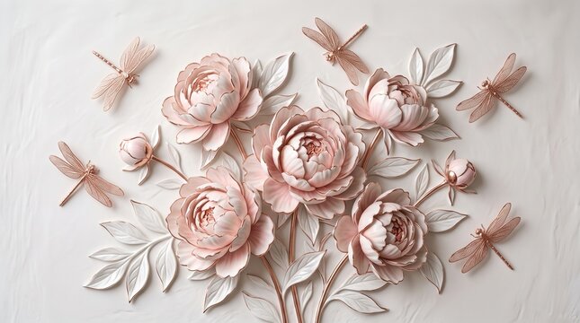 3D Bas Relief Wall Art with Blush Pink Peonies and Rose Gold Metallic Dragonflies