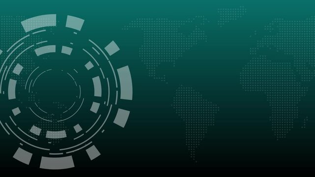 Teal gradient background displays a digital world map and futuristic HUD element. Abstract technology graphics surround the HUD element. Cyber interface highlights the HUD element.