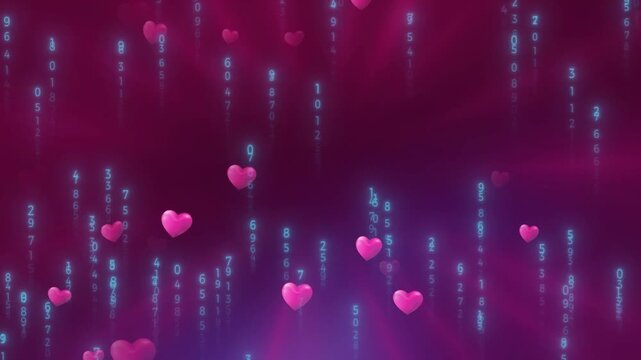 Romantic pink hearts floating against digital binary code matrix background with gradient purple background floating upwards amidst