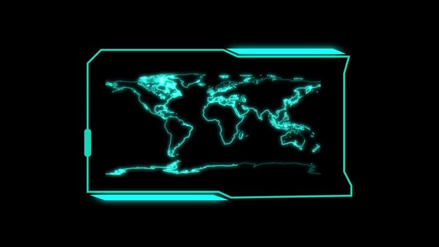 Holographic world map display features glowing cyan neon outlines on black. Global data network overlays the holographic world map. Tech interface displays the holographic world map.