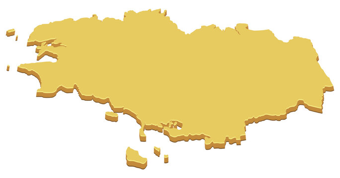 3D isometric map of Brittany representing French regional geography, European travel destinations, territory boundary, local tourism, and administrative land location (cut out)