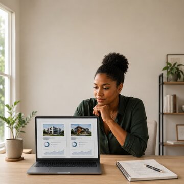 Black female investor analyzing real estate property performance dashboard on laptop at home office desk