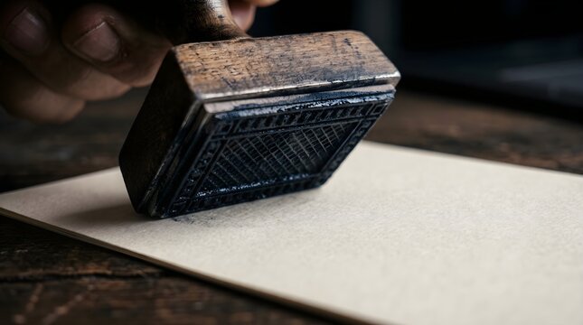 Vintage wooden stamp pressing on paper, antique rubber stamper for document authentication, rustic office stationery on dark desk