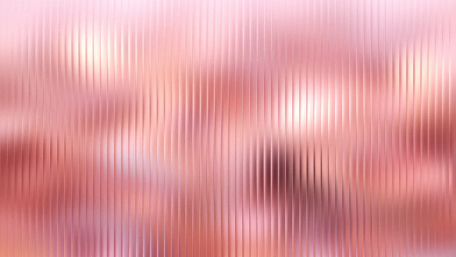 Rose gold frosted glass texture with vertical fluted pattern and soft bokeh background for cosmetic packaging design