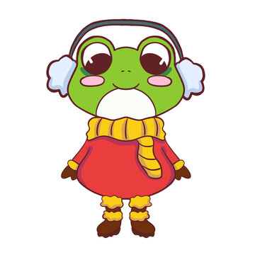 Cute Winter Frog Clipart &ndash; Hand-Drawn Frog in Red Sweater with scarf, Earmuffs, and Boots for Holiday Cards, Stickers, Craft Design, and Children's Illustration