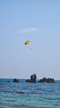 kite surfing in the sea. Sea summer entertainment. Free space for text.