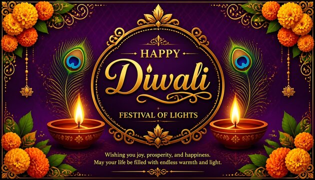 Happy diwali festival of lights greeting card with traditional diya lamps and peacock feathers