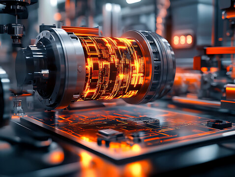 Industrial manufacturing of advanced quantum computer core with glowing circuits and high tech machinery.