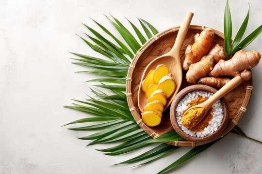Sliced turmeric root and whole ginger with sea salt and spice on a woven bamboo basket with palm leaf