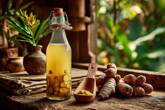 Jamu kunir asam turmeric drink in a glass bottle with fresh roots and wooden scoop on a rustic table