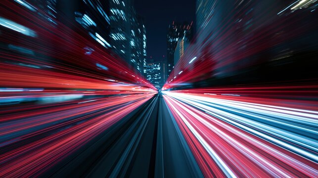 Urban Highway at Night with Vibrant Traffic Light Trails and Illuminated City Skyline