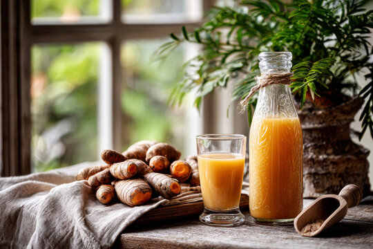 Traditional jamu kunir asam turmeric beverage served in a glass next to a bottle with fresh turmeric roots by a window