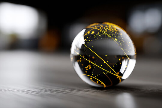 Crystal clear glass sphere with golden lines and sparkle on a dark wooden surface close-up