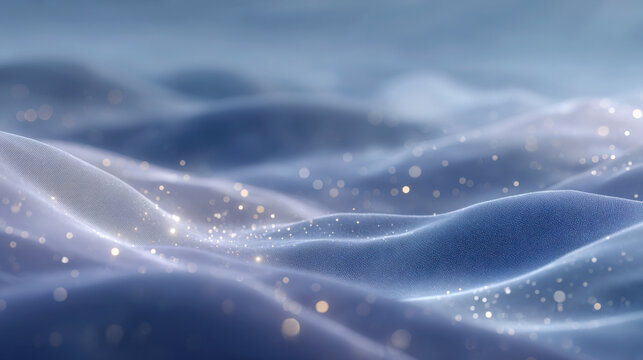 Soft flowing abstract waves in pale blue and silver tones with golden bokeh sparkle particles
