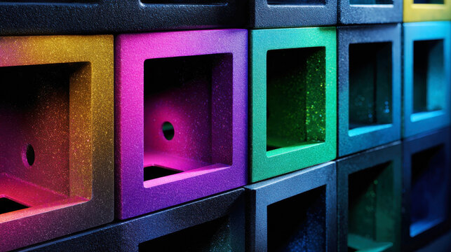 Colorful glittery rainbow cube compartments with neon glow in a close-up macro abstract composition