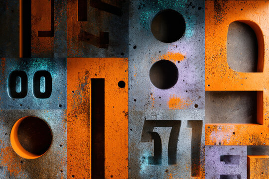 Abstract brutalist concrete surface with orange paint circular holes and carved typographic symbols in an industrial composition