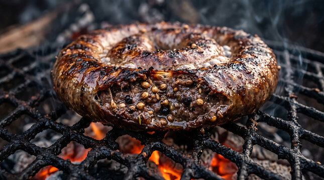 Sizzling South African Boerewors Sausage Charcoal Grilled Close-Up