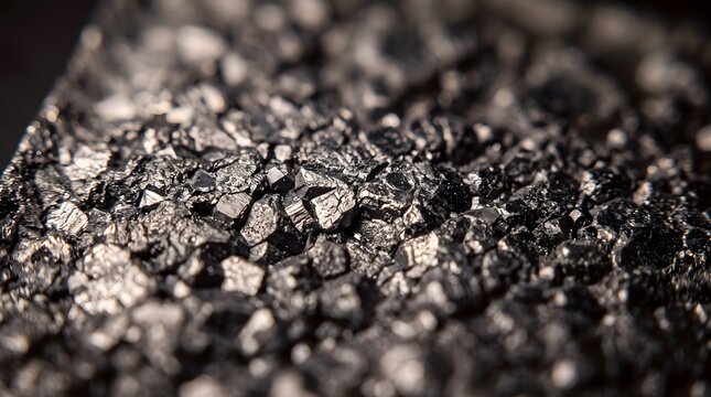 Metallic charcoal crystals macro, dark shimmering mineral stones, textured black coal fragments for industrial background
