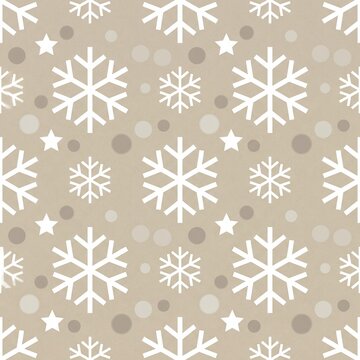 Decorative seamless pattern featuring white snowflakes and simple geometric stars over a soft tan textured recycled paper background design element
